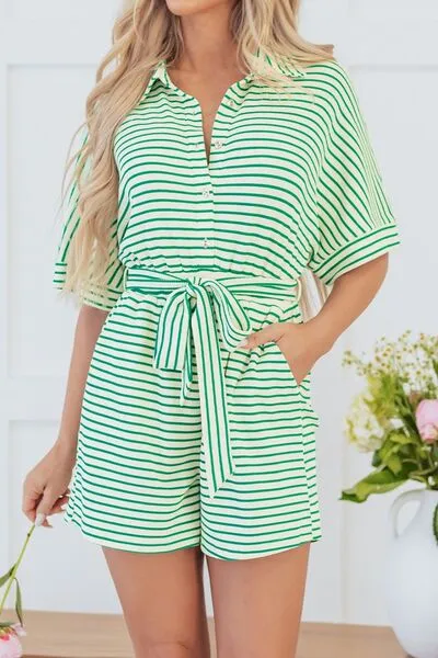 Striped Half Sleeve Tie Waist Romper sold by Charming Charlie product image thumbnail 4
