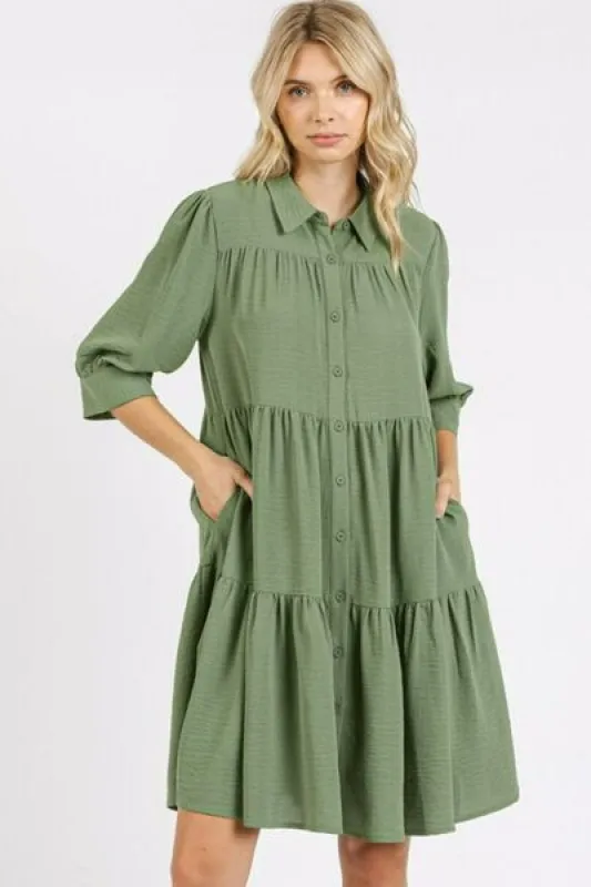 Mittoshop Button Detail Collared Neck Tiered Shirt Dress sold by Charming Charlie