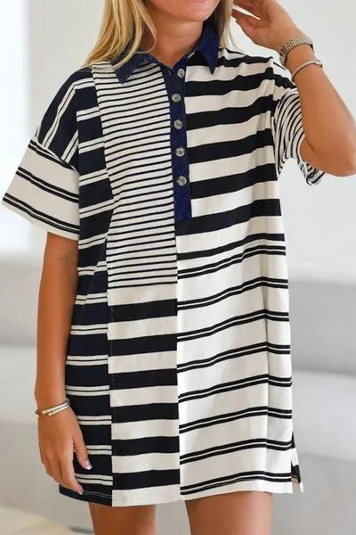 Button Detail Striped Short Sleeve Mini Dress sold by Charming Charlie