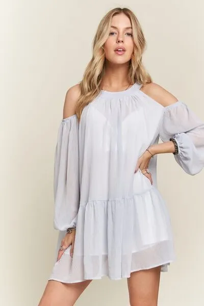 ADORA Cold Shoulder Balloon Sleeve Mini Dress sold by Charming Charlie