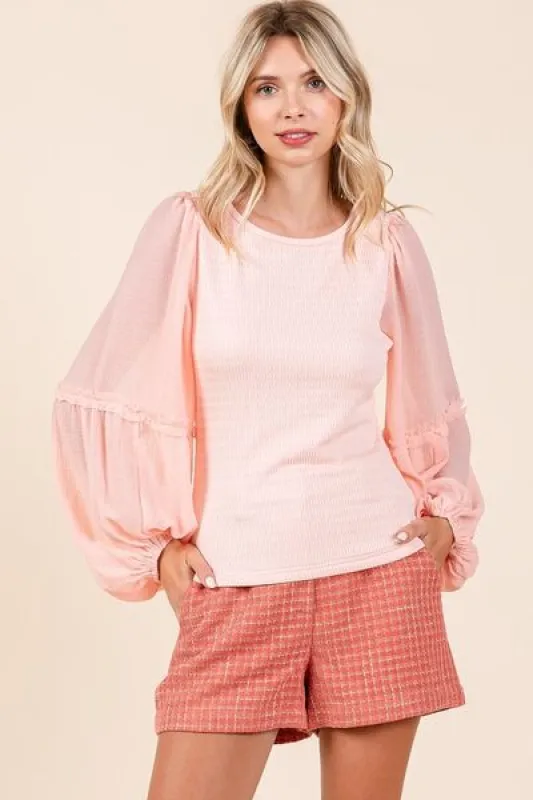 Mittoshop Mixed Media Textured Knit Chiffon Long Sleeve Top sold by Charming Charlie
