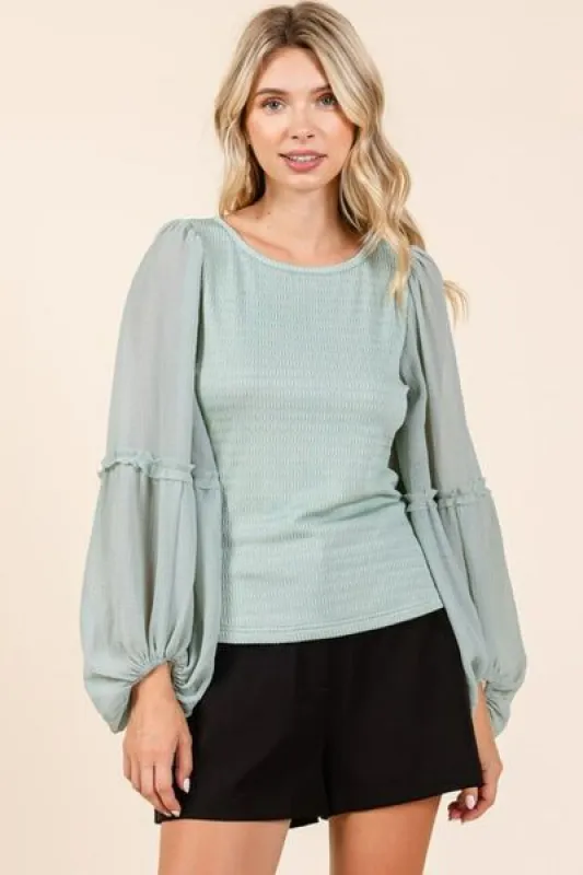 Mittoshop Mixed Media Textured Knit Chiffon Long Sleeve Top sold by Charming Charlie