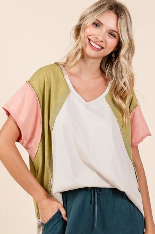 Mittoshop Color Block V-Neck Short Sleeve T-Shirt sold by Charming Charlie