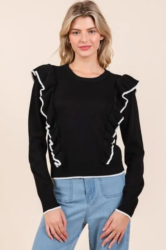 Mittoshop Contrast Trim Ruffled Round Neck Knit Top sold by Charming Charlie