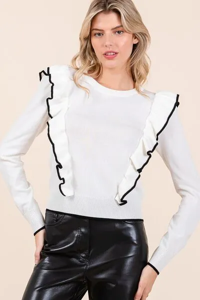 Mittoshop Contrast Trim Ruffled Round Neck Knit Top sold by Charming Charlie product image thumbnail 2