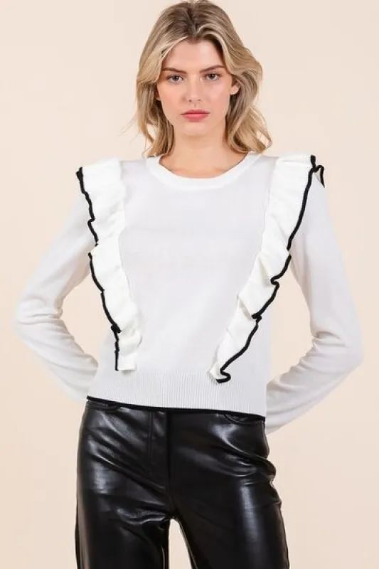 Mittoshop Contrast Trim Ruffled Round Neck Knit Top sold by Charming Charlie