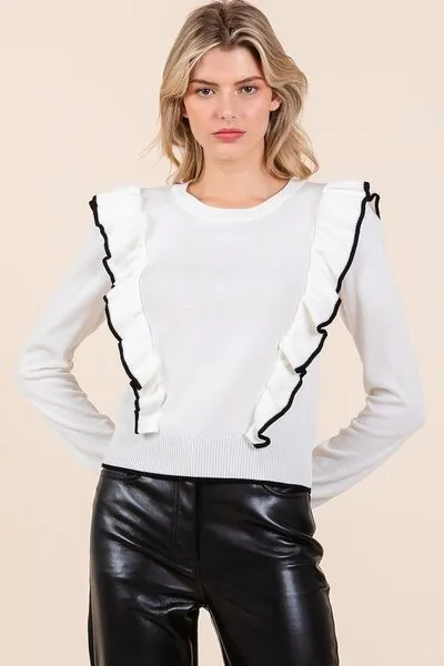 Mittoshop Contrast Trim Ruffled Round Neck Knit Top sold by Charming Charlie