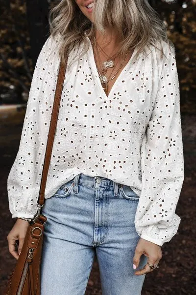 Eyelet V-Neck Long Sleeve Blouse sold by Charming Charlie product image thumbnail 3