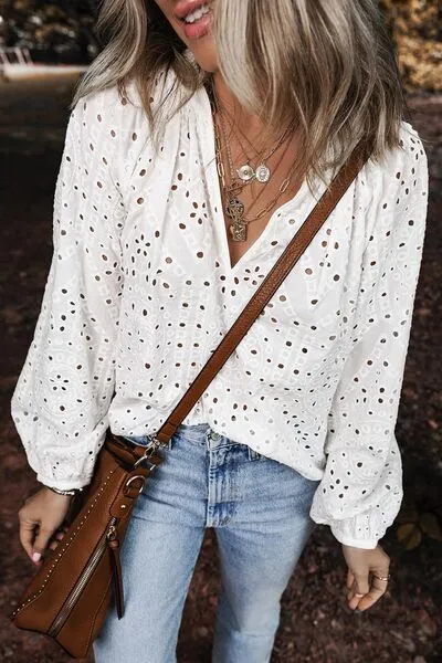 Eyelet V-Neck Long Sleeve Blouse sold by Charming Charlie product image thumbnail 4