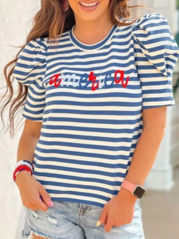 AMERICA Striped Round Neck Puff Sleeve Top sold by Charming Charlie