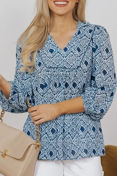 Geometric Print Frilled Notched Blouse sold by Charming Charlie product image thumbnail 3