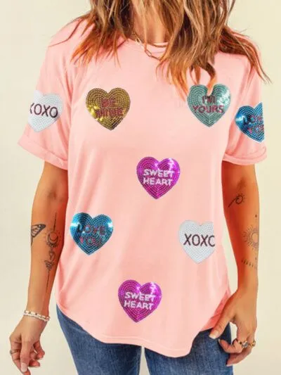 Valentine’s Day Sequin Heart Round Neck Short Sleeve T-Shirt sold by Charming Charlie