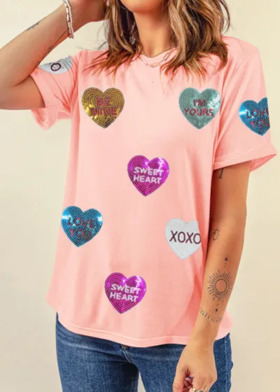 Valentine’s Day Sequin Heart Round Neck Short Sleeve T-Shirt sold by Charming Charlie product image thumbnail 2