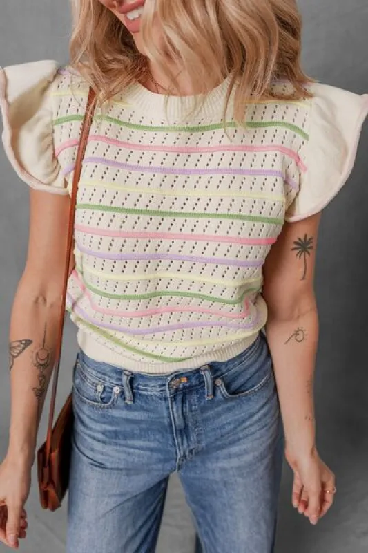 Striped Eyelet Ruffled Sleeve Sweater Sweater Vest sold by Charming Charlie