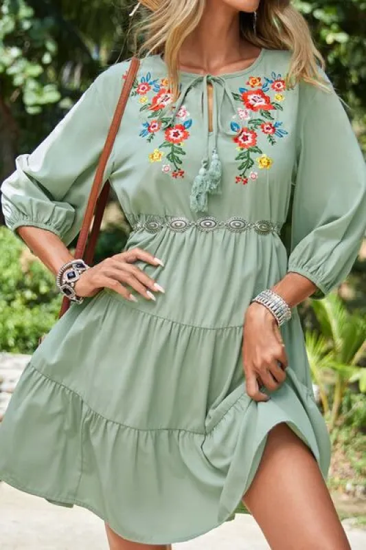 Embroidered Tie Neck Three-Quarter Sleeve Mini Dress sold by Charming Charlie