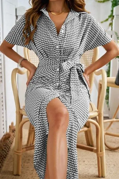 Devine Collared Neck Short Sleeve Midi Shirt Dress sold by Charming Charlie product image thumbnail 5