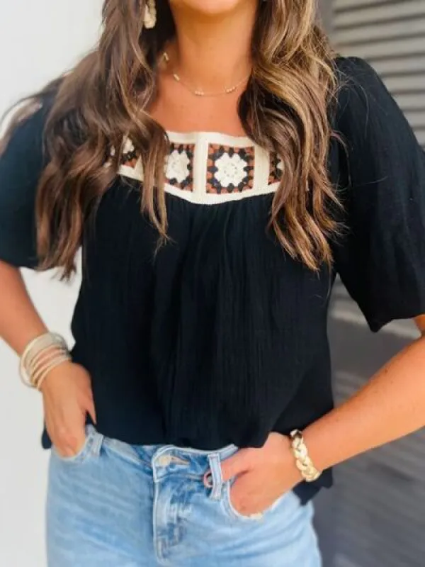 Flower Crochet Square Neck Puff Sleeve Blouse sold by Charming Charlie