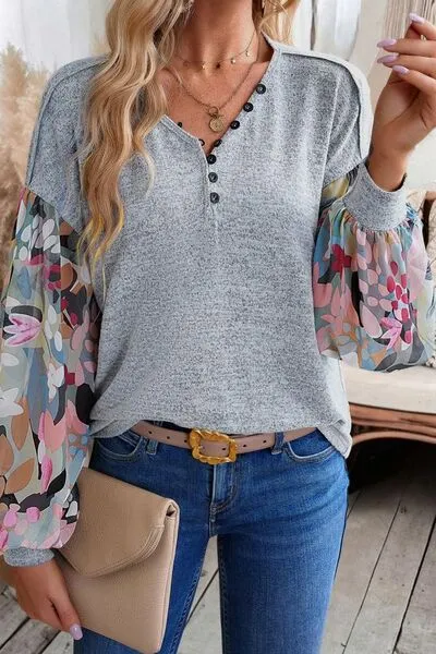 Printed Lantern Sleeve Buttoned V Neck Top sold by Charming Charlie product image thumbnail 4