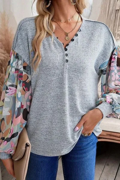 Printed Lantern Sleeve Buttoned V Neck Top sold by Charming Charlie product image thumbnail 5