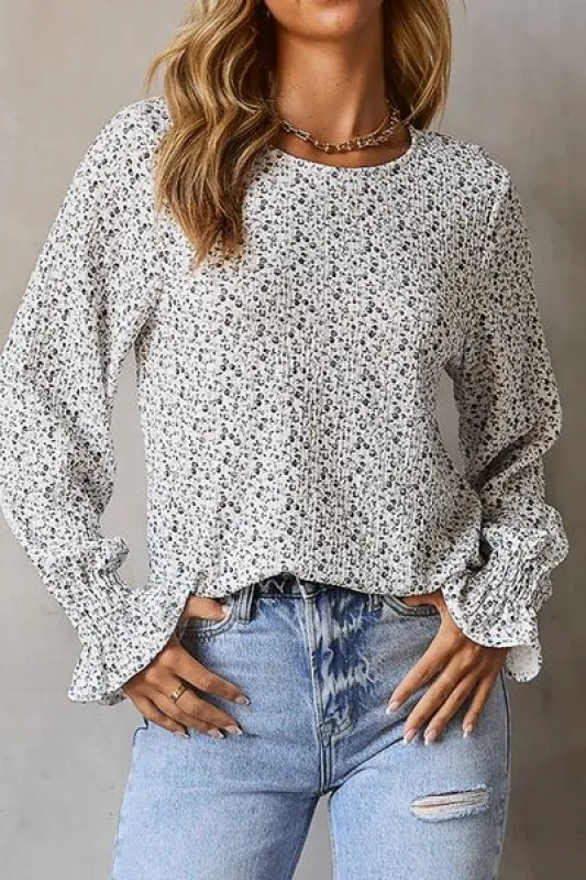 Printed Round Neck Flounce Sleeve Blouse sold by Charming Charlie
