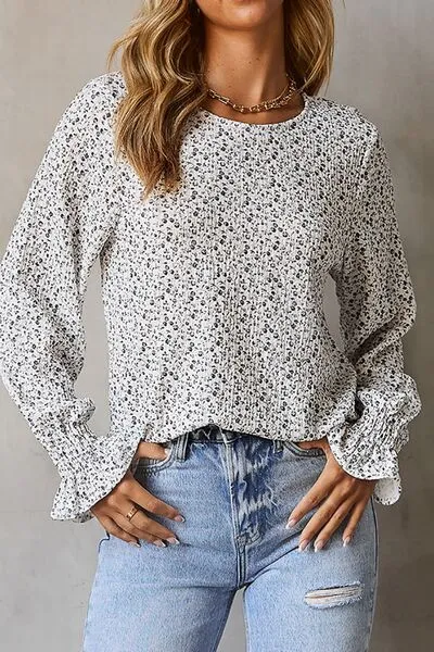 Printed Round Neck Flounce Sleeve Blouse sold by Charming Charlie
