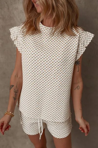 Ruffled Round Neck Checkered Top and Shorts Set sold by Charming Charlie