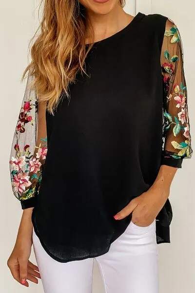 Floral Embroidered Sleeve Round Neck Blouse sold by Charming Charlie