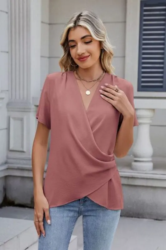 Solid Color Surplice Short Sleeve Blouse sold by Charming Charlie