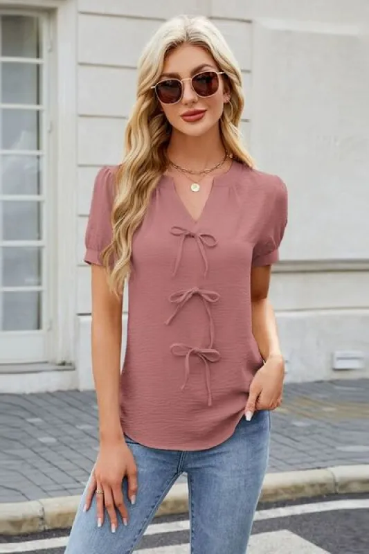 Bow Notched Short Sleeve Blouse sold by Charming Charlie