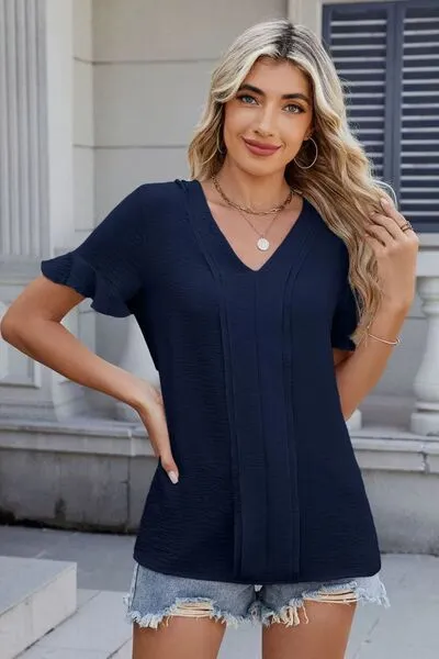 Ruffled V-Neck Short Sleeve Blouse sold by Charming Charlie product image thumbnail 5