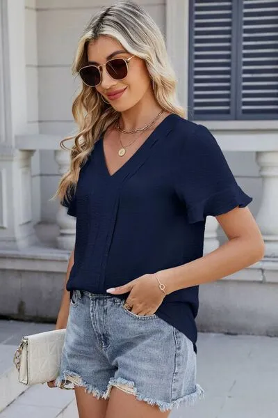 Ruffled V-Neck Short Sleeve Blouse sold by Charming Charlie product image thumbnail 3