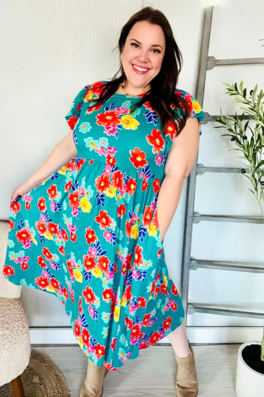 In Your Dreams Emerald Floral Print Folded Flutter Sleeve Midi Dress sold by Charming Charlie