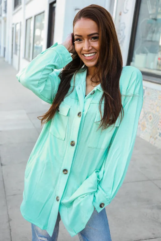 Put Together Mint Cut-Edge Button-Down Long Shirt Top sold by Charming Charlie