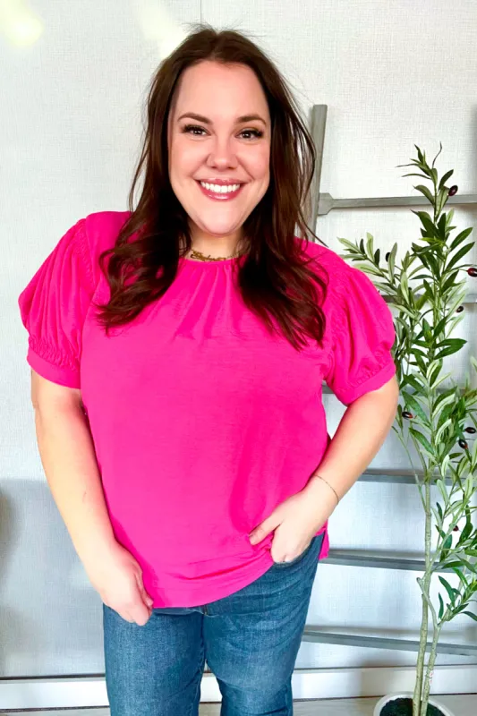 Perfectly You Solid Fuchsia Silk Shirred Cap Short Sleeve Blouse sold by Charming Charlie