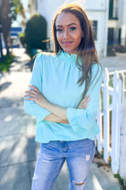 Elegant You Mint Frill Neck Back Button Ruffle Sleeve Blouse sold by Charming Charlie