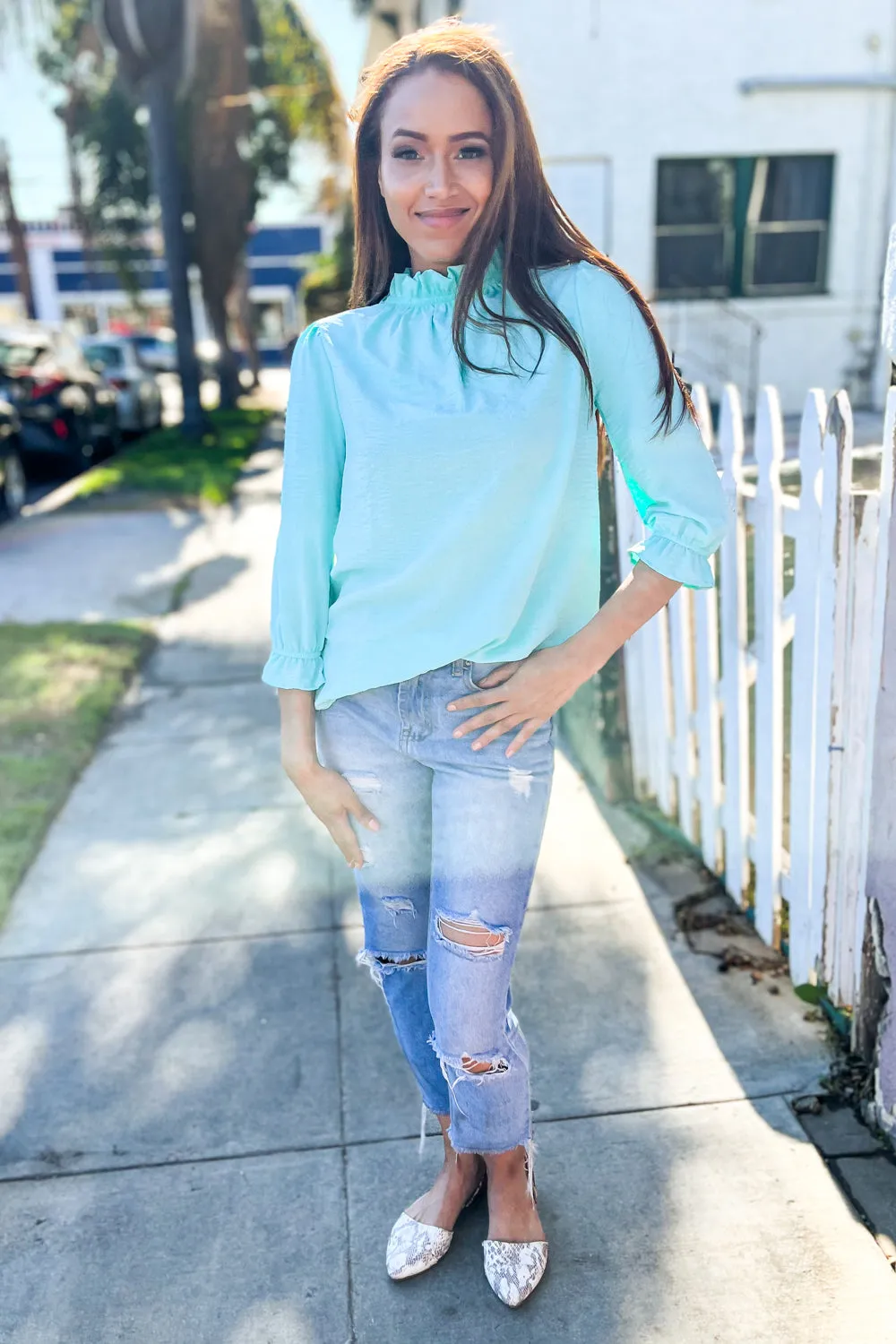 Elegant You Mint Frill Neck Back Button Ruffle Sleeve Blouse sold by Charming Charlie product image thumbnail 3