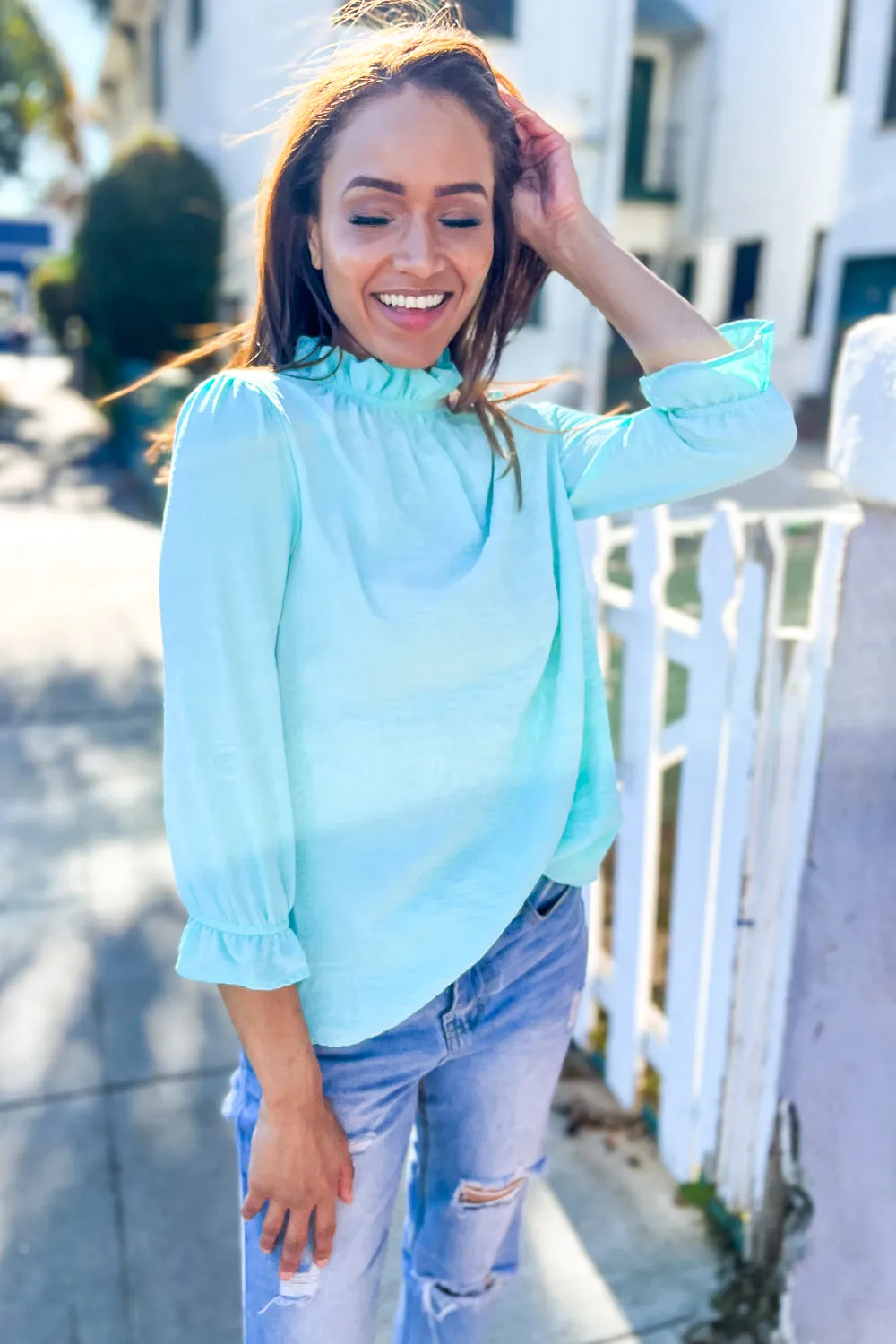 Elegant You Mint Frill Neck Back Button Ruffle Sleeve Blouse sold by Charming Charlie product image thumbnail 5