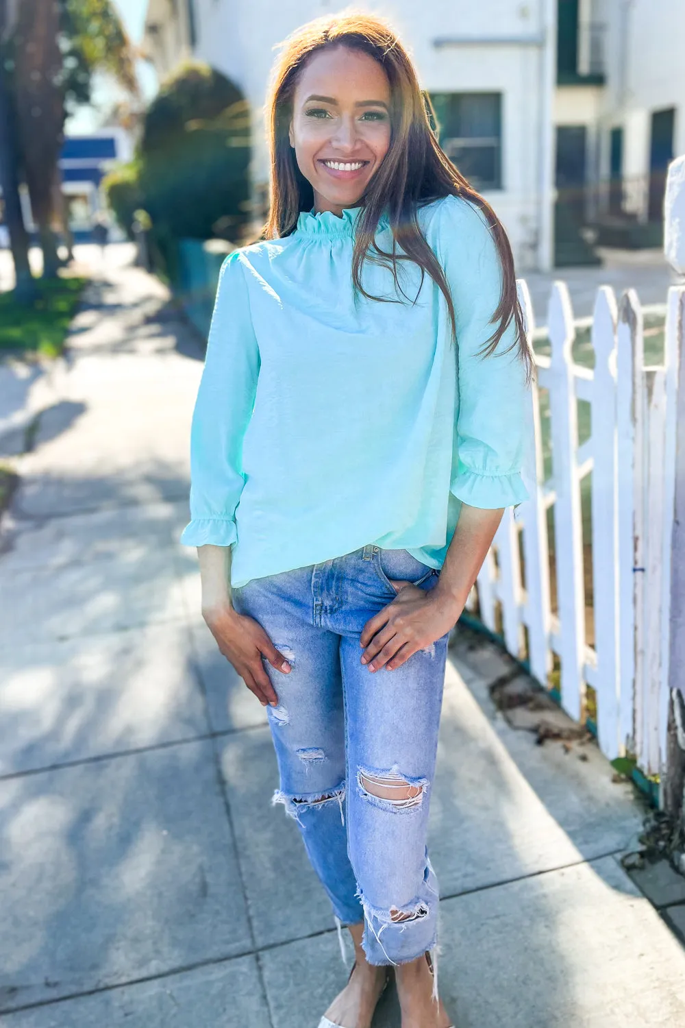 Elegant You Mint Frill Neck Back Button Ruffle Sleeve Blouse sold by Charming Charlie product image thumbnail 4