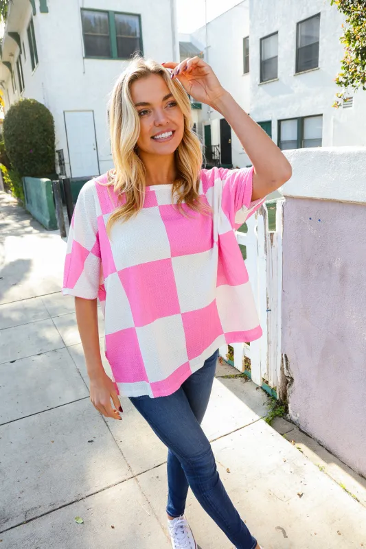 Dazzle In Pink & White Checker Print Waffle Knit Top sold by Charming Charlie