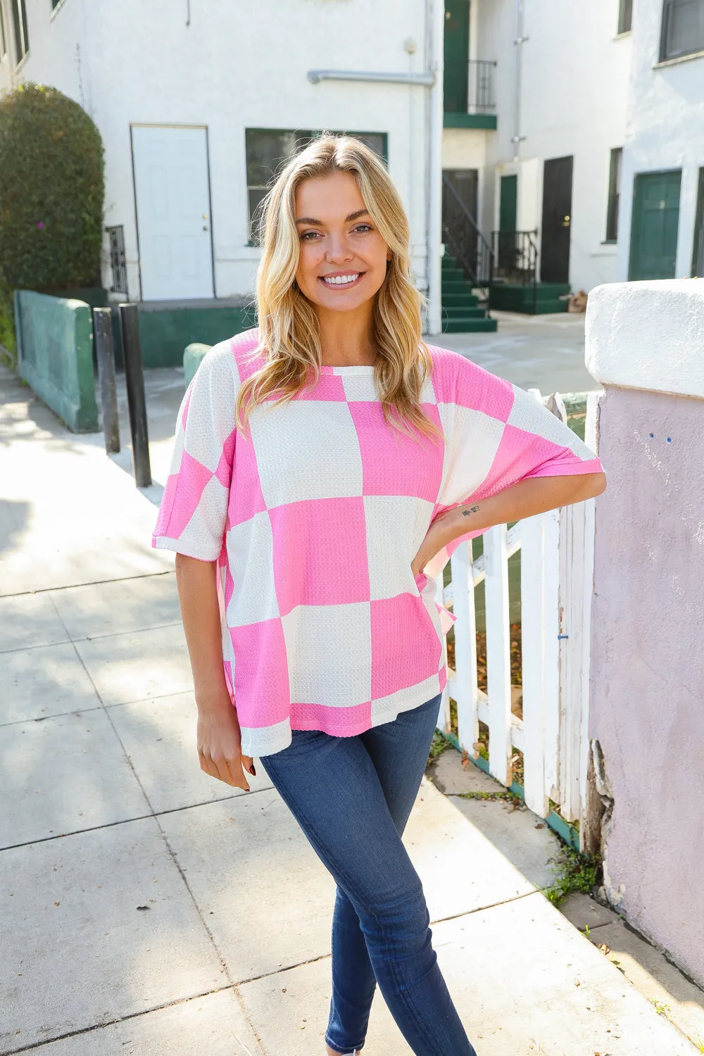 Dazzle In Pink & White Checker Print Waffle Knit Top sold by Charming Charlie product image thumbnail 5