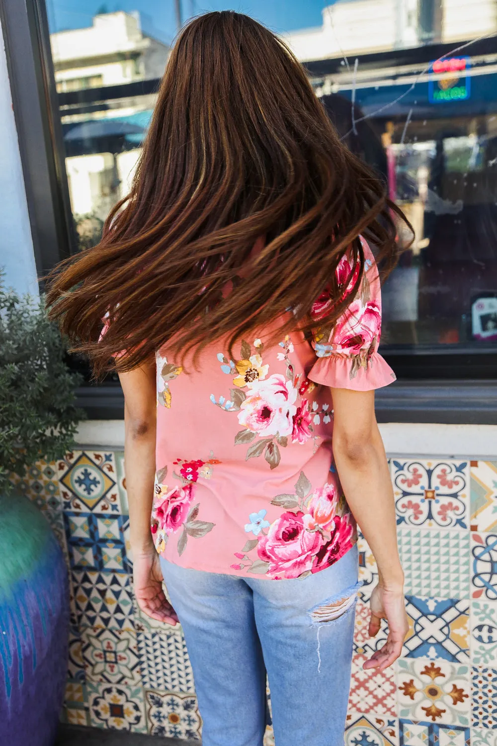 Pretty in Pink Floral Print Short Elastic Ruffle Sleeve Top sold by Charming Charlie product image thumbnail 2