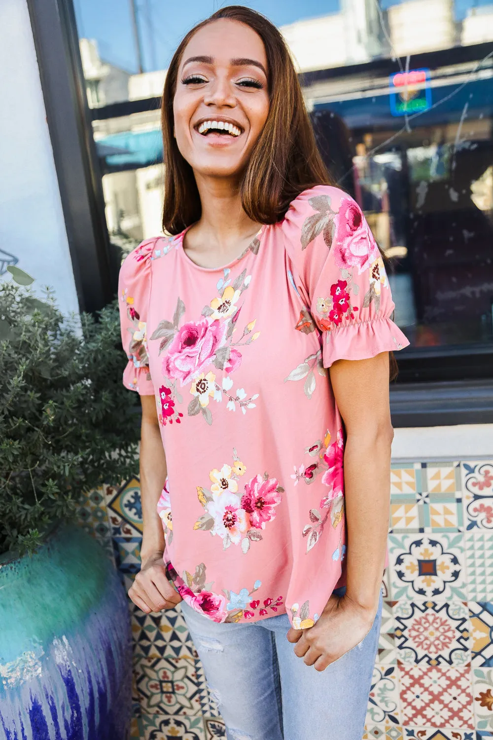 Pretty in Pink Floral Print Short Elastic Ruffle Sleeve Top sold by Charming Charlie product image thumbnail 3