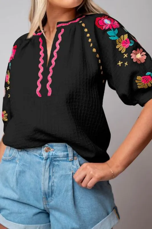 Floral Embroidered Notched Puff Sleeve Blouse sold by Charming Charlie