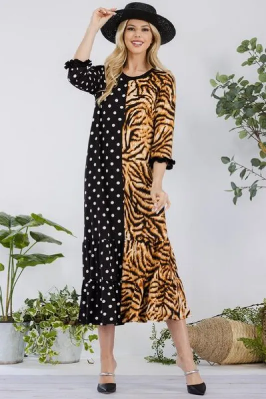 Celeste Full Size Polka Dot & Leopard Round Neck Midi Dress Plus Size sold by Charming Charlie