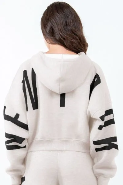 American Bazi Letter Graphic Long Sleeve Drawstring Cropped Hoodie sold by Charming Charlie