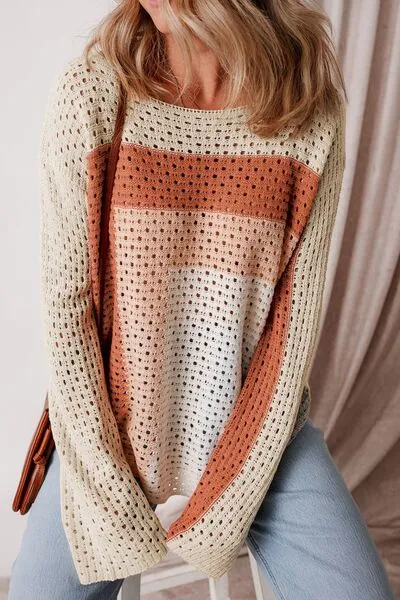 Openwork Color Block Long Sleeve Sweater sold by Charming Charlie