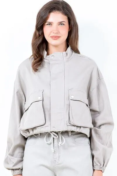 American Bazi Full Size Drawstring Hem Cargo Pocket Cropped Worker Jacket Plus Size sold by Charming Charlie
