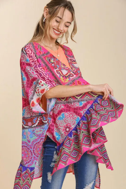 Umgee Full Size Mixed Print Ruffle Hem Open Front Cover Up Plus Size sold by Charming Charlie