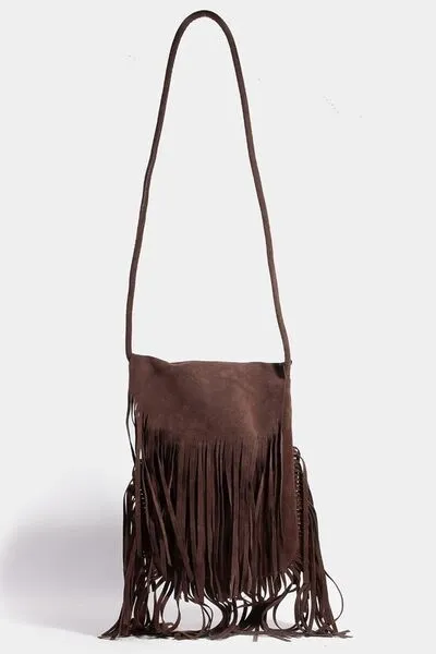 Fame Faux Suede Fringe Rectangle Crossbody Bag sold by Charming Charlie