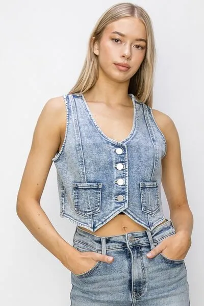RISEN Button Down Crop Denim Vest sold by Charming Charlie product image thumbnail 2